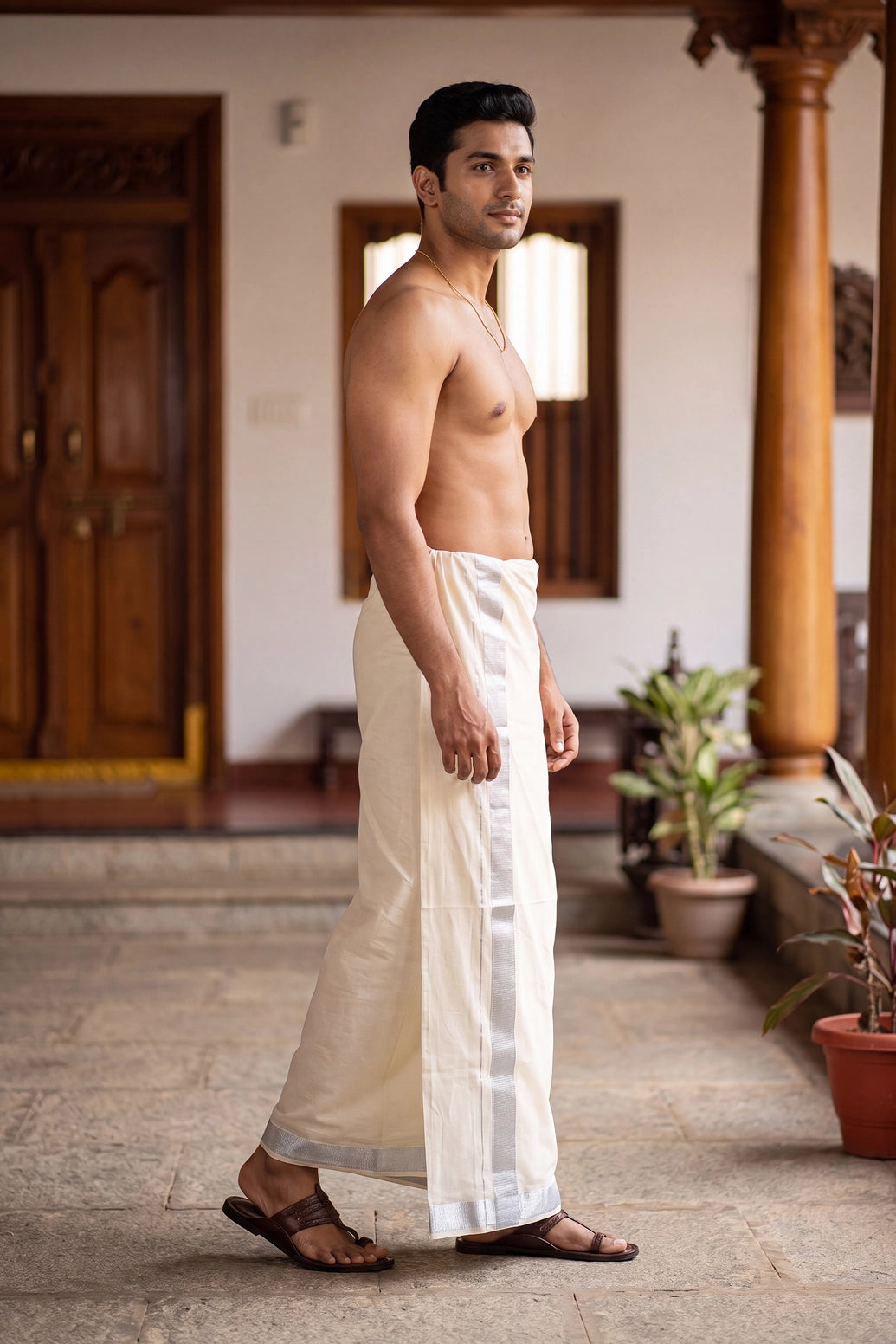 Men Off-White Cotton Dhoti with Silver Zari Border (2 Metre Single Veshti) - Silver Zari