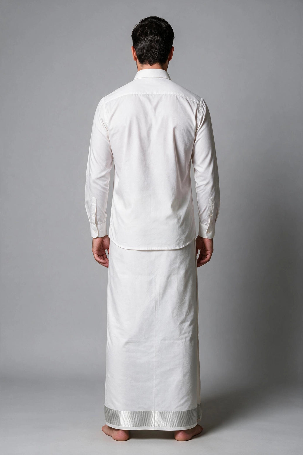 Men’s White Cotton Double Dhoti with Silver Zari Border (4 Metre) - Silver