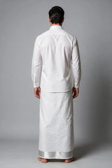 Men’s White Cotton Double Dhoti with Silver Zari Border (4 Metre) - Silver