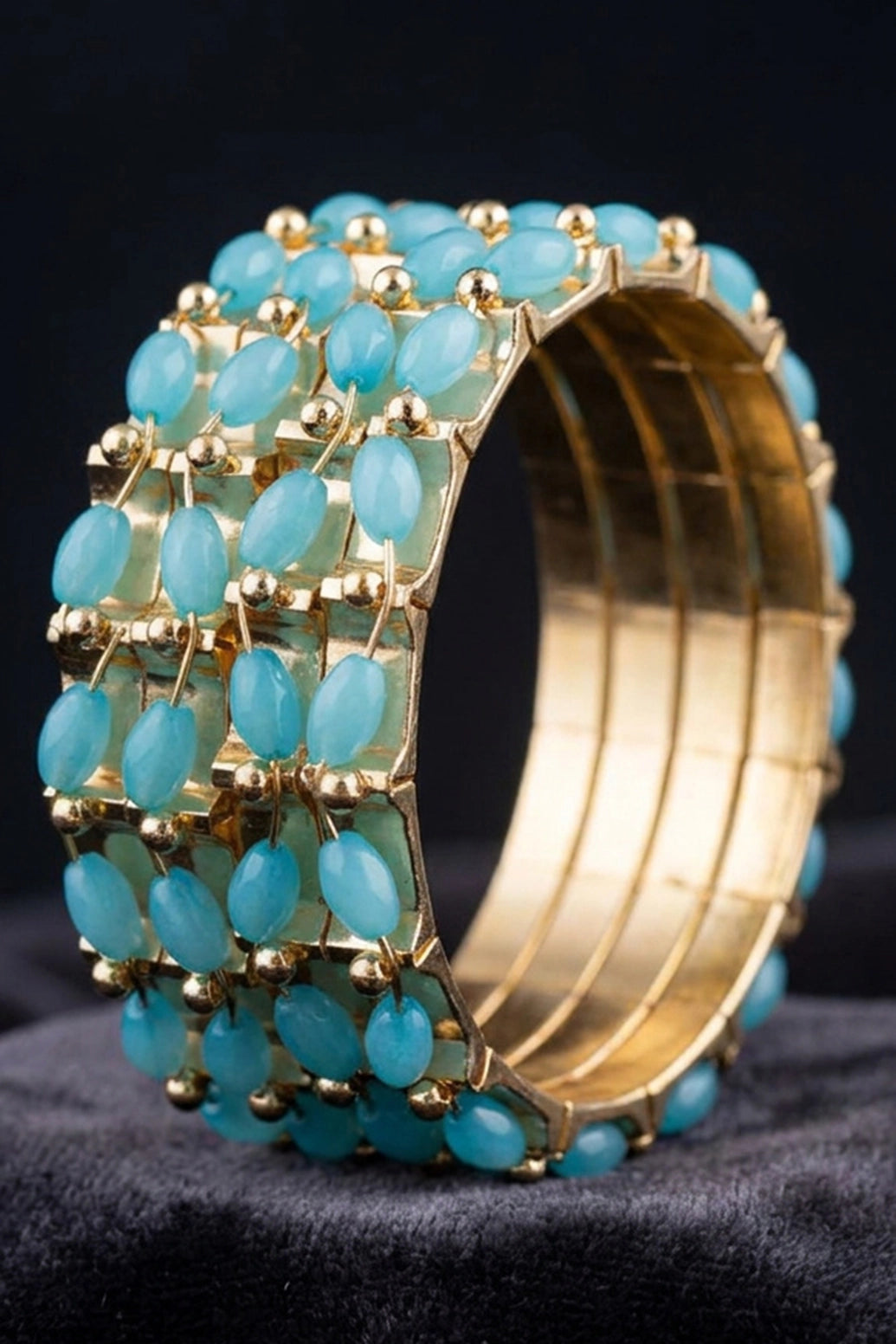 Traditional Gold-Plated Bangles with Beaded Stones (Green/White/Sky Blue) - Statement Ethnic Bracelet for Women - Sky Blue