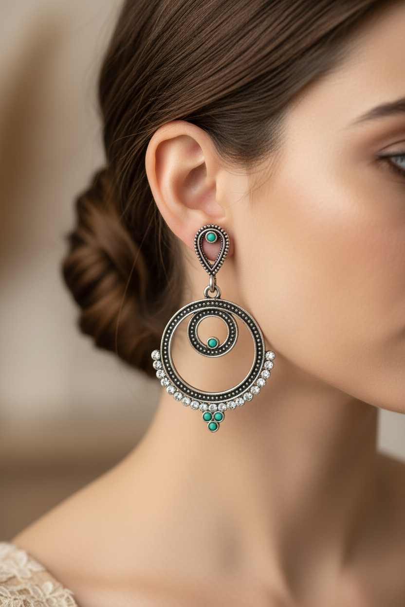 Oxidized Silver Spiral Drop Earrings with Coloured Stone Beads — 2 inch Traditional Indian Fashion Jewellery