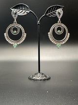 Oxidized Silver Spiral Drop Earrings with Coloured Stone Beads — 2 inch Traditional Indian Fashion Jewellery Jewelry JCS Fashions Teal Green 2 inch