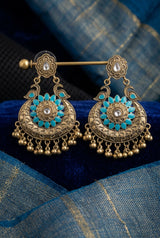 Antique Finish Peacock Chandbali Earrings with Blue-Turquoise Stone & Ghungroo Tassels for Festive Wear - Teal Blue