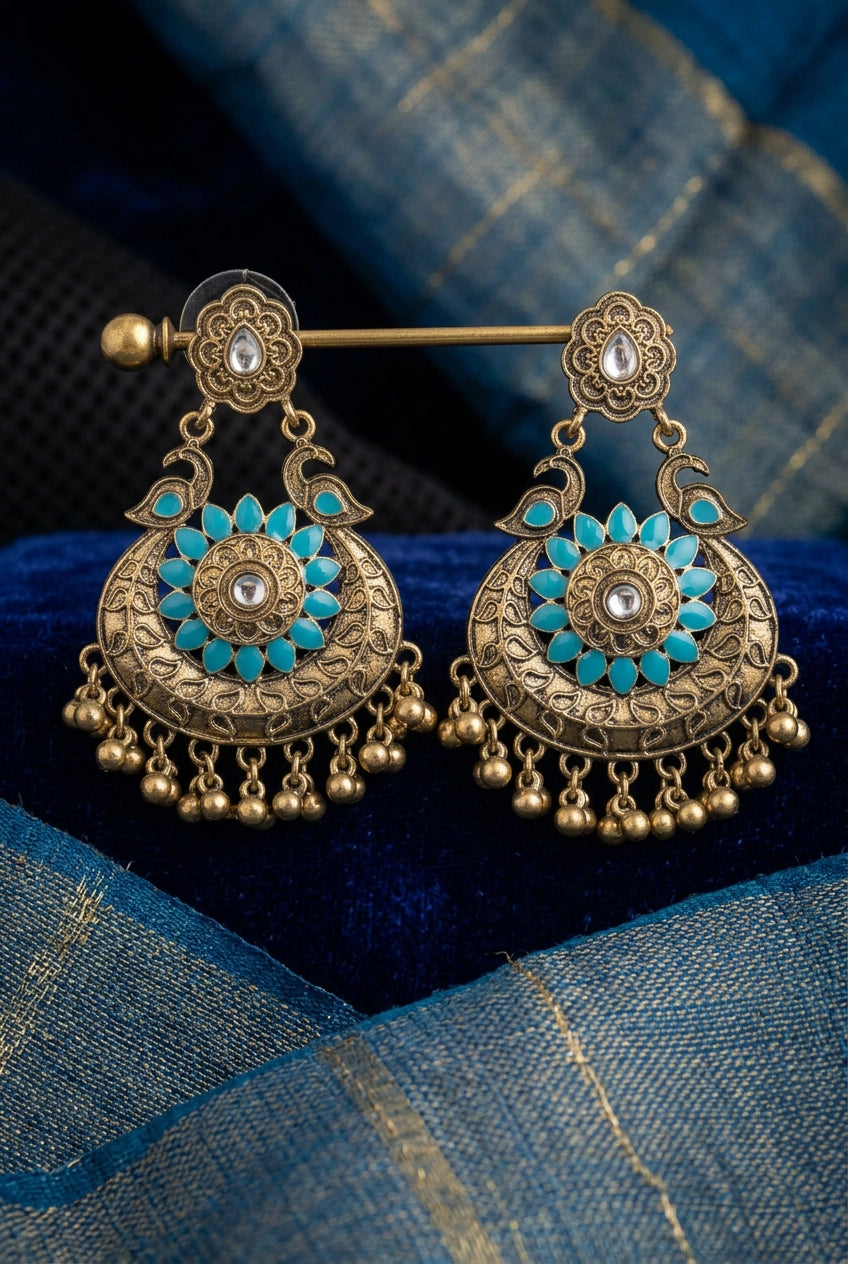 Antique Finish Peacock Chandbali Earrings with Blue-Turquoise Stone & Ghungroo Tassels for Festive Wear - Teal Blue