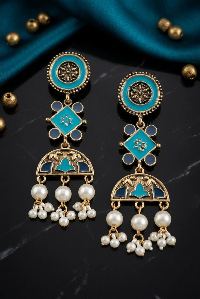 Antique Gold-Tone Ethnic Dangler Earrings with Teal/Mauve Enamel & Pearl Drops, Floral Motifs - Teal Blue & Navy Blue