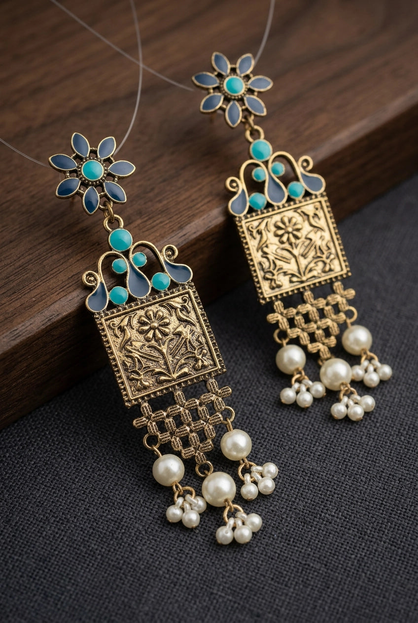 Floral Antique-Finish Dangler Earrings with Enamel & Pearl Bead Drops (Teal Blue/Navy or Orange/Pink) - Teal Blue & Navy Blue