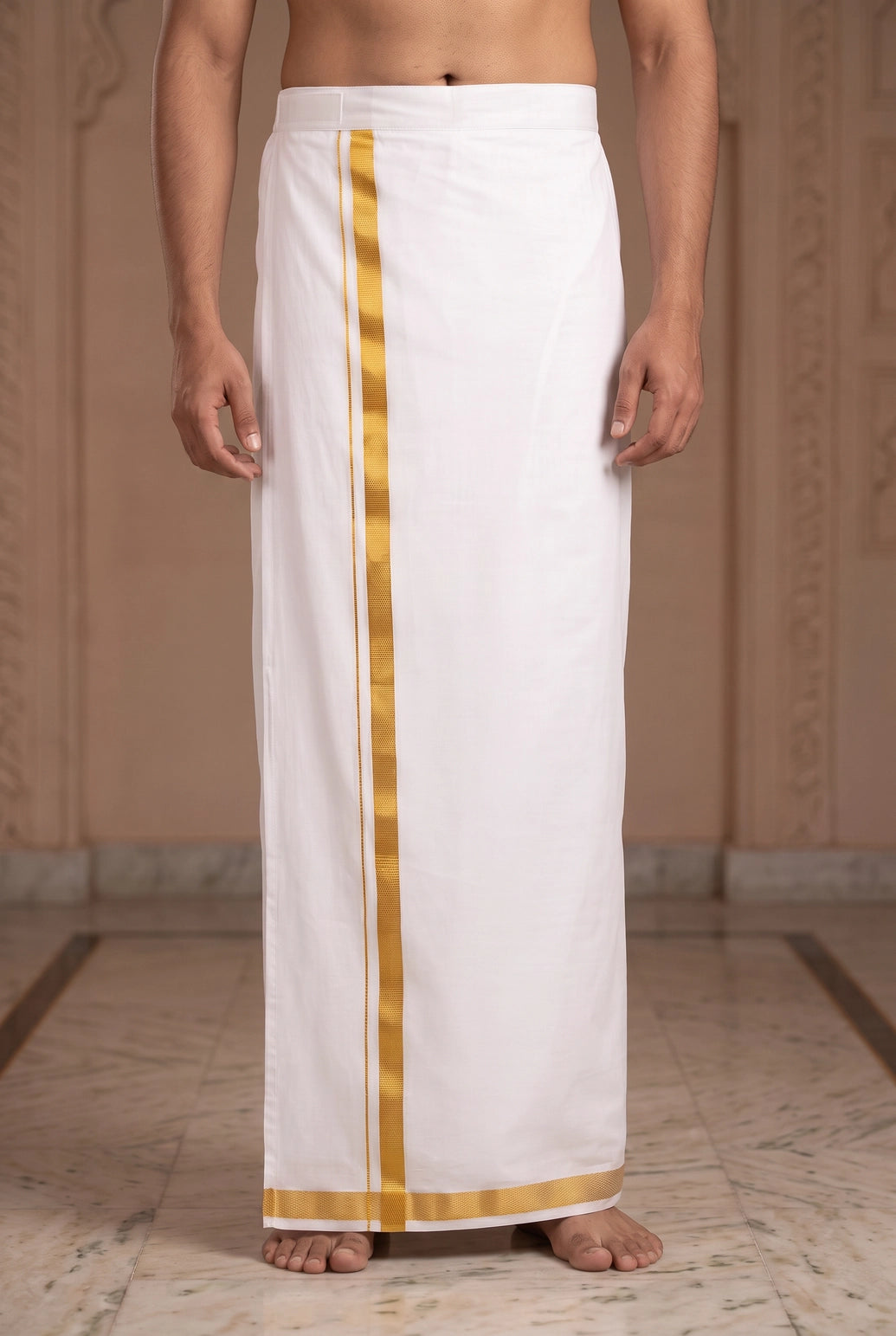 Men’s Ready-to-Wear Double Dhoti (4 Metre) with Velcro Waist, Plain White/Cream - White