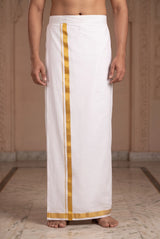 Men’s Ready-to-Wear Double Dhoti (4 Metre) with Velcro Waist, Plain White/Cream - White