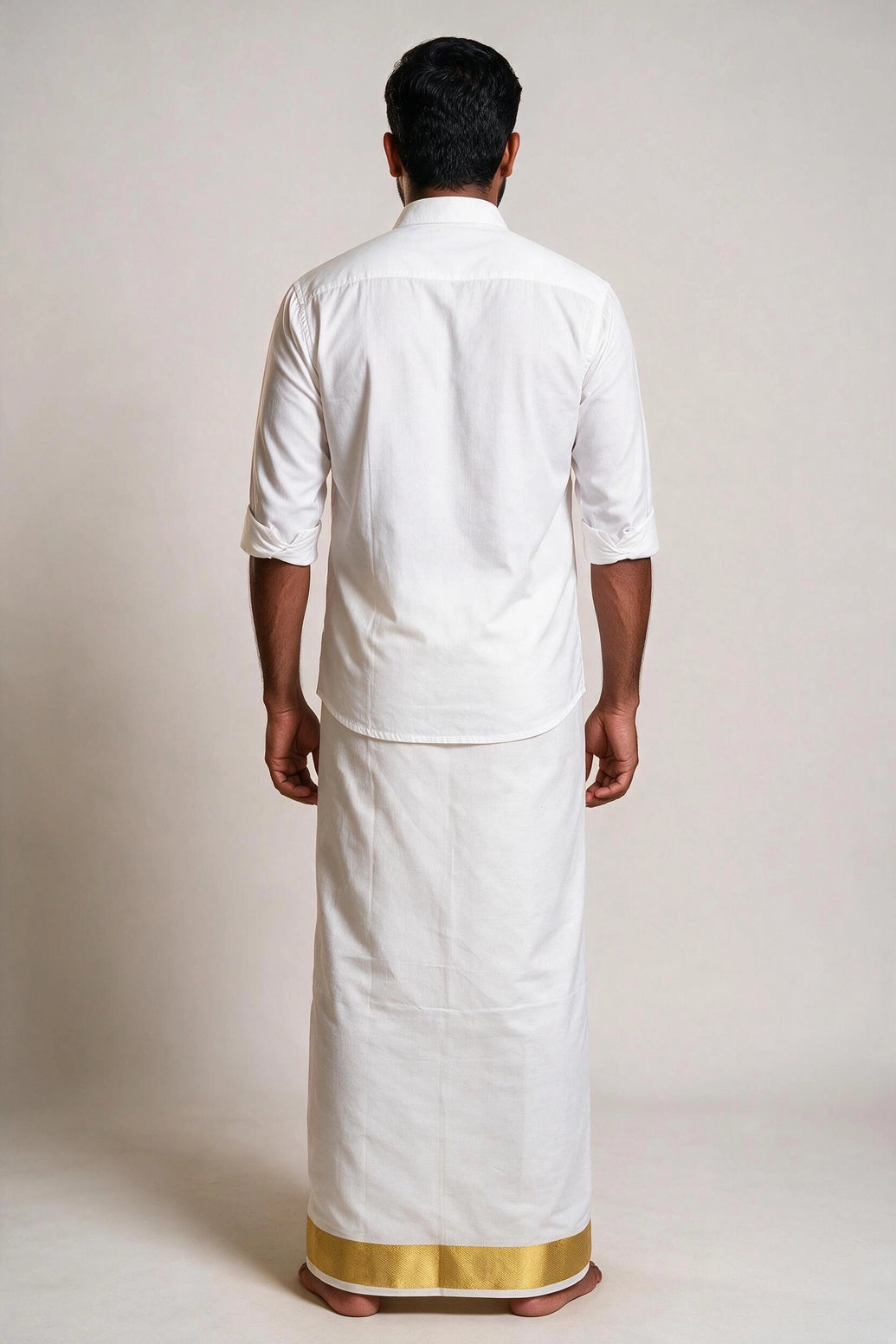 Men’s White Rich Cotton Double Dhoti with 2-inch Gold Zari Border for Weddings & Temple Functions - White