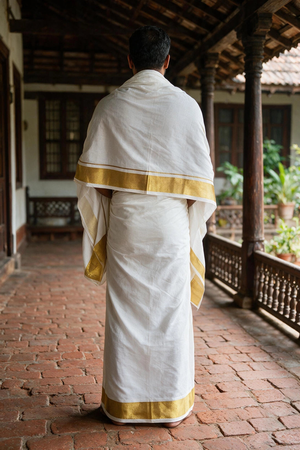 Men’s White Cotton Panchakacham Dhoti with Angavastram Set, Gold Zari Border, Unstitched Traditional Wear - White