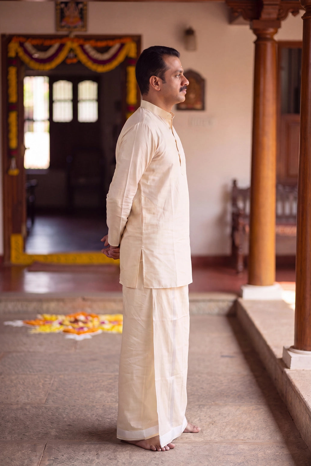 Men’s Off-White Cotton Dhoti with 1-inch Coloured Thread Border (2 Metre Single) - Traditional Wear - White (Self)