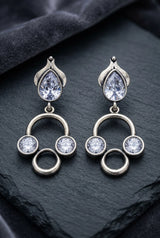 Silver-Tone Stone Drop Earrings with Circular Cluster Design for Women - White