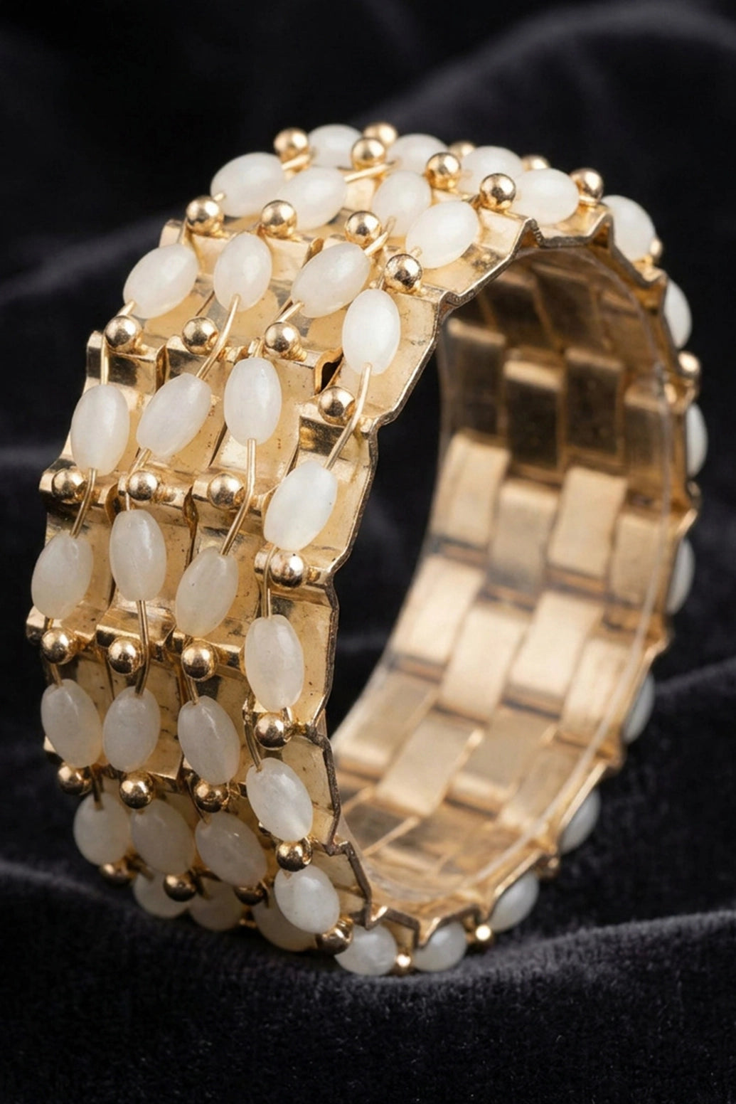 Traditional Gold-Plated Bangles with Beaded Stones (Green/White/Sky Blue) - Statement Ethnic Bracelet for Women - White