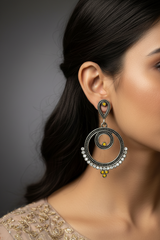 Oxidized Silver Spiral Drop Earrings with Coloured Stone Beads — 2 inch Traditional Indian Fashion Jewellery