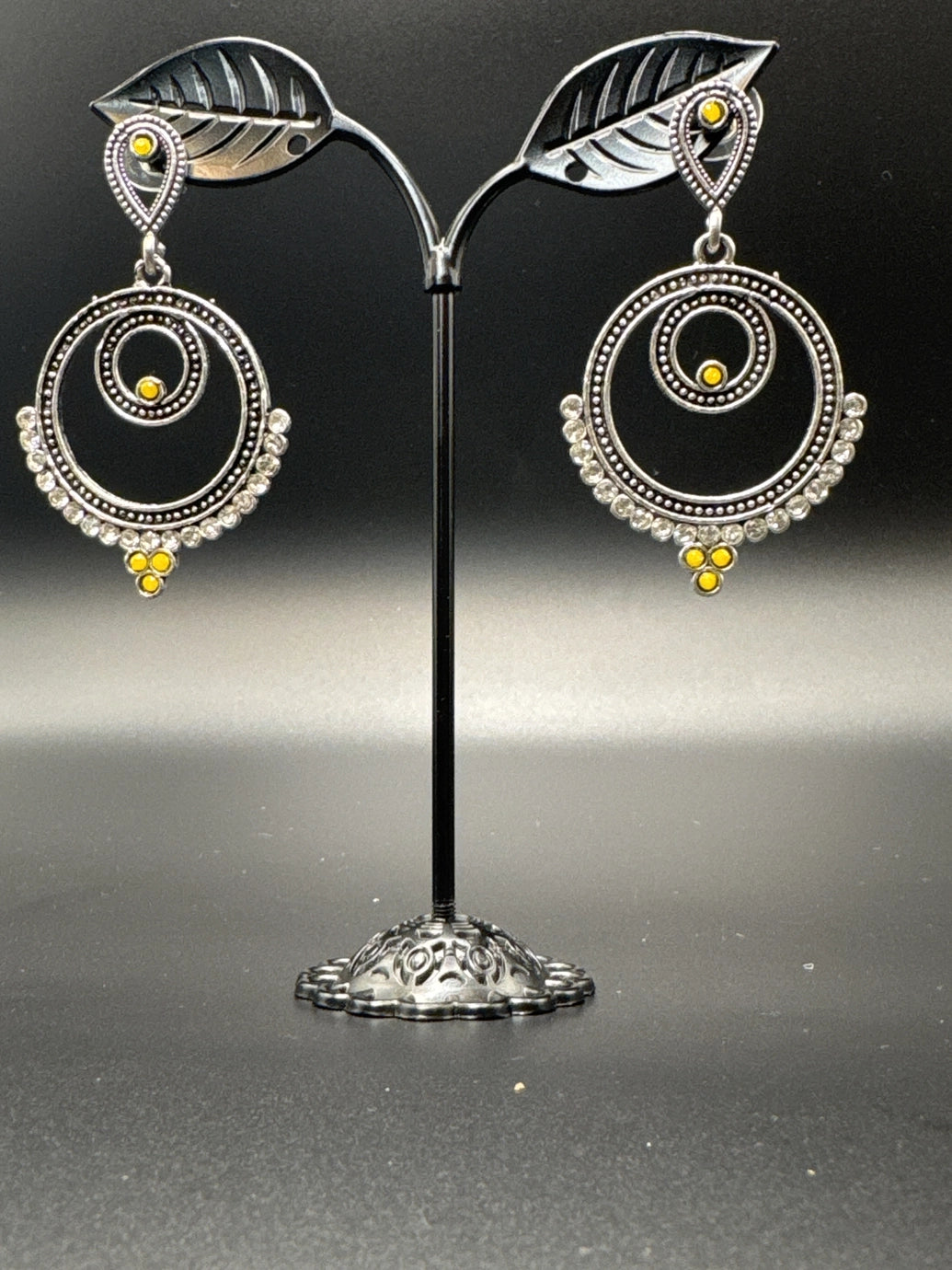 Oxidized Silver Spiral Drop Earrings with Coloured Stone Beads — 2 inch Traditional Indian Fashion Jewellery - Yellow
