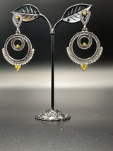Oxidized Silver Spiral Drop Earrings with Coloured Stone Beads — 2 inch Traditional Indian Fashion Jewellery Jewelry JCS Fashions Yellow 2 inch