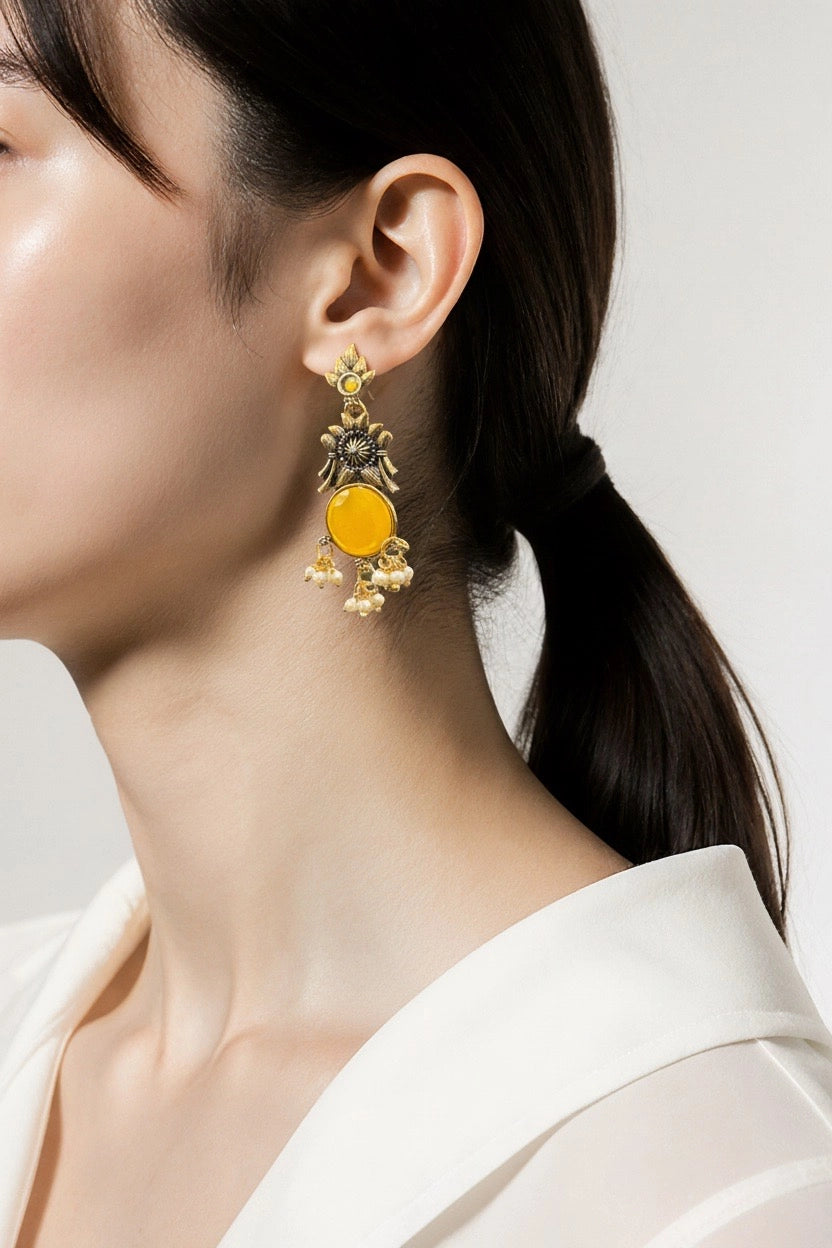 Gold-Tone Floral Chandbali Earrings with Round Stone & Pearl Drops