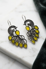Oxidized Peacock Feather Drop Earrings in Silver-Tone with Peach/Green/Yellow Stones - Yellow