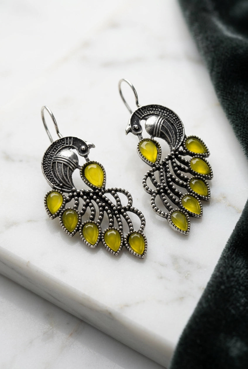 Oxidized Peacock Feather Drop Earrings in Silver-Tone with Peach/Green/Yellow Stones - Yellow