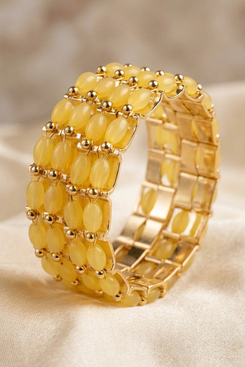 Gold-Plated Beaded Stone Bangles - Traditional Ethnic Stackable Bracelet for Women (Royal Blue, Yellow, Lavender) - Yellow