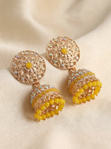 Traditional Jhumka Earrings with Floral Filigree and Beaded Drops in Red, Maroon & Yellow - Yellow