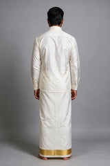 Men White Rich Cotton Double Dhoti with Broad Gold Zari Border - Off White Wedding Temple Wear - off white
