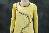 Yellow Silk Cotton Kurti with Elastic Pant Set, Aari and Thread Work with Beads for Women