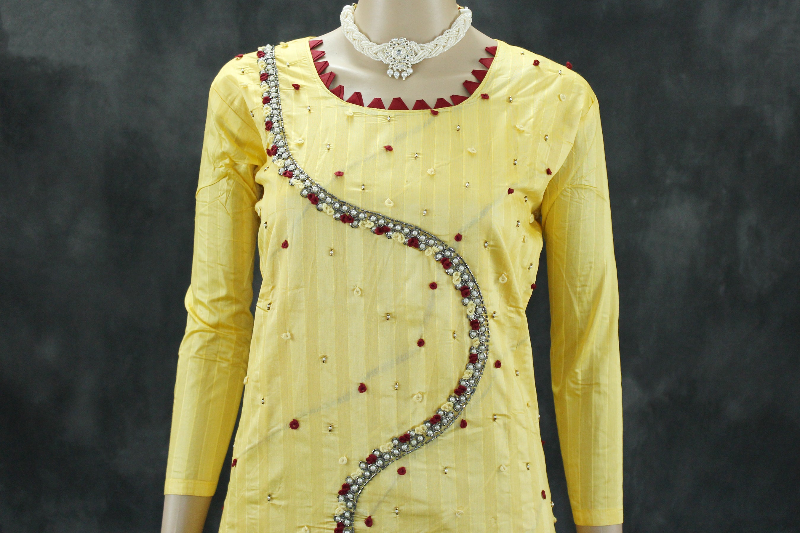 Yellow Silk Cotton Kurti with Elastic Pant Set, Aari and Thread Work with Beads for Women