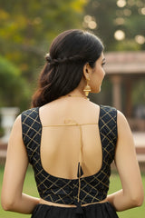 Black Designer Padded Sleeveless Blouse with Golden Criss-Cross Pattern, Back Knot, Ready-to-Wear