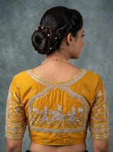 Yellow Embroidery Silk Padded Designer Blouse (Fully Stitched) Elbow Sleeve