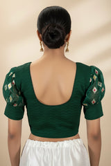 Green Ready to Wear Designer Blouse with Puff Sleeves and Zari Style Motifs, Elbow Length
