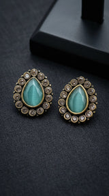 Mint Green Teardrop Stud Earrings with Champagne Crystal Halo, Gold-Tone Fashion Jewellery for Women