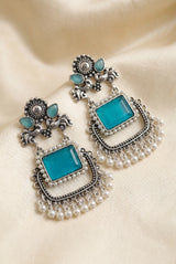 Sea Blue Oxidized Silver-Tone Teardrop Drop Earrings with Floral Motifs, Pearl Beads and Dangler Stone