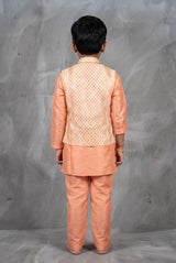 Peach Boys Koti Kurta Set with Printed Nehru Jacket, Cotton Kurta & Matching Pants, Decorative Brooch