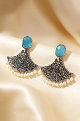 Sea Blue Stone Triangle Tassel Drop Earrings, Silver-Tone Party/Festive Jewellery for Women