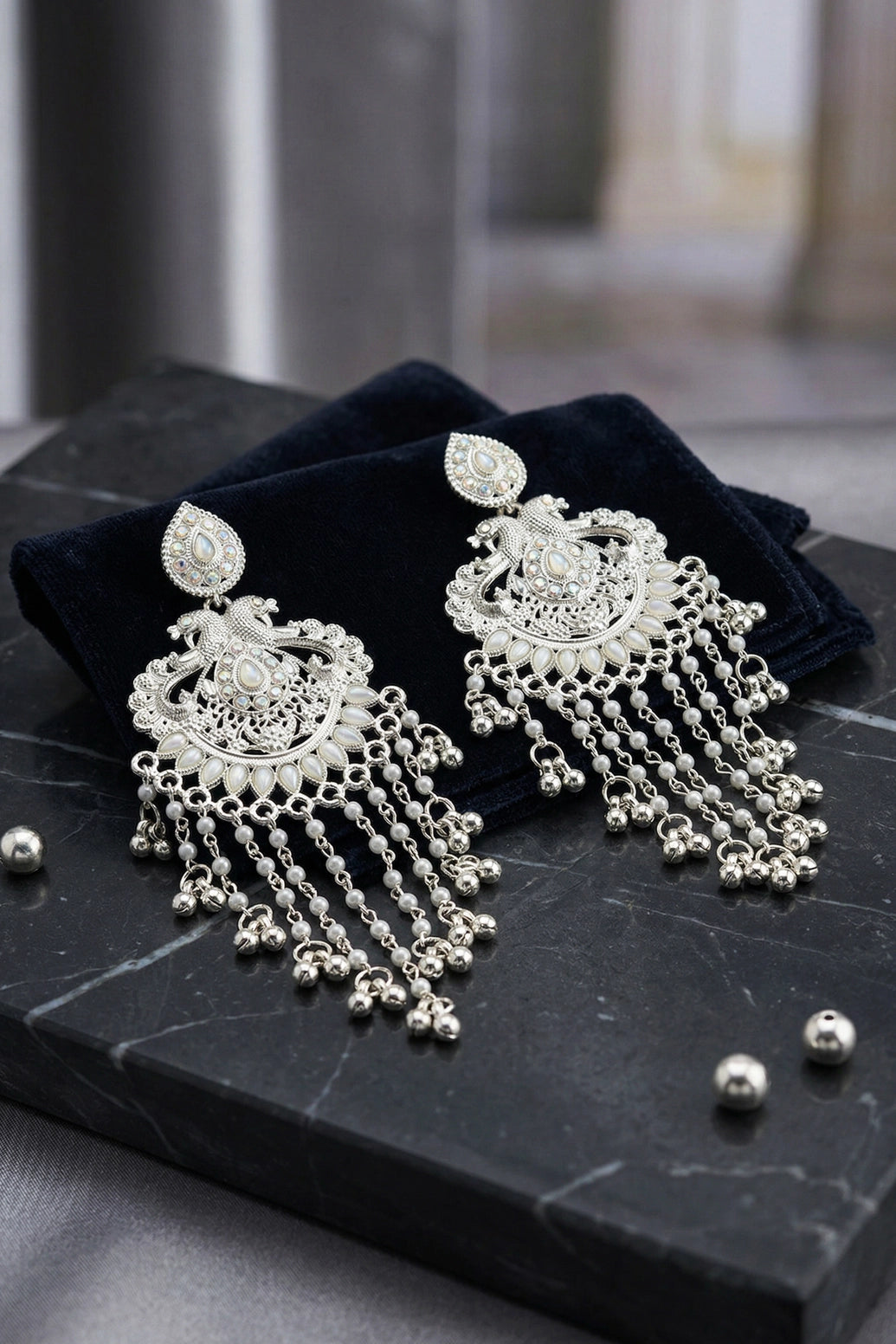 Oxidised Silver Chandelier Filigree Earrings with Pearl Drop Beads for Festive Ethnic Wear