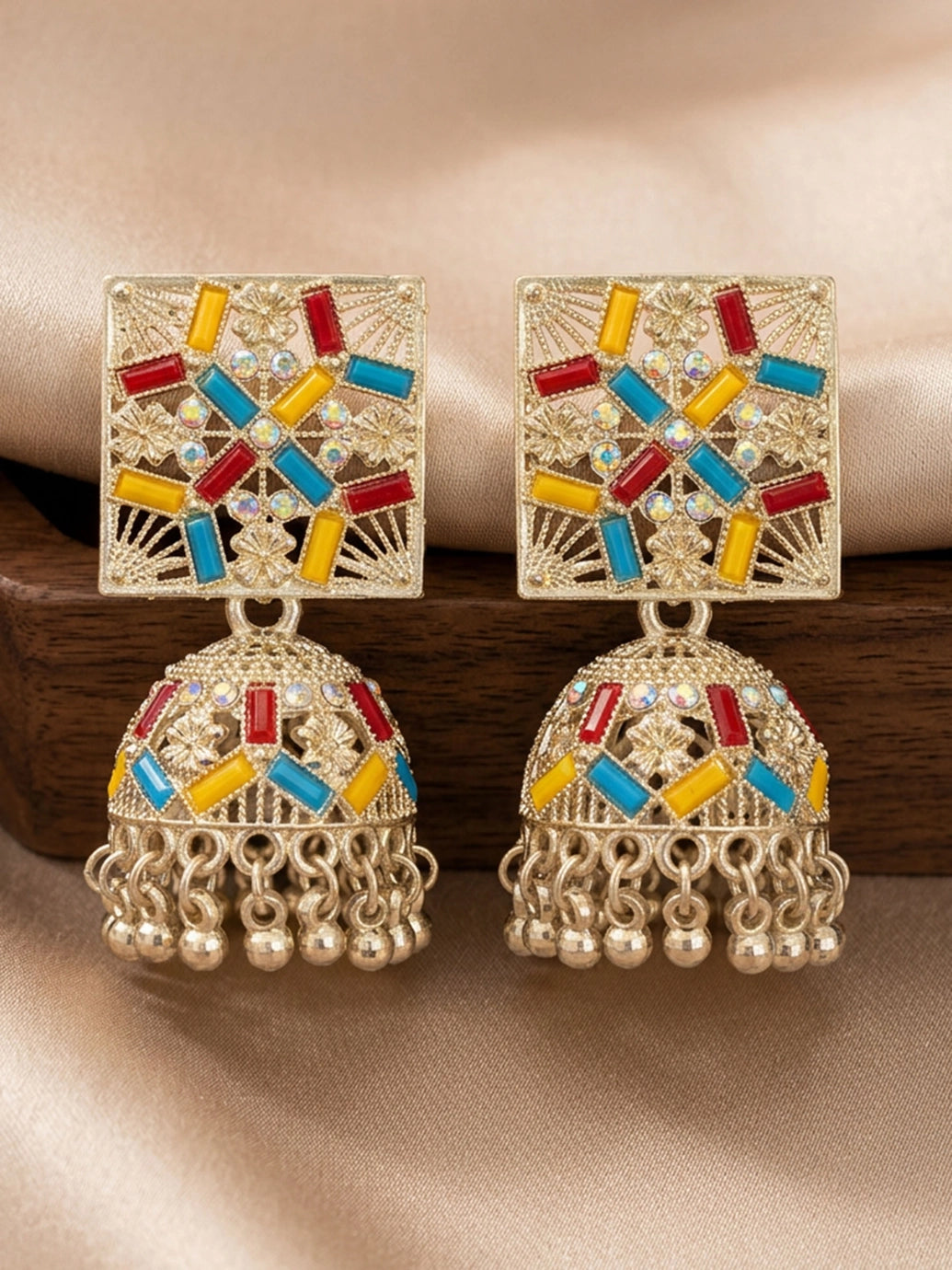 Silver Oxidized Multicolor Jhumka Earrings with Square Stud Top and Stone Work for Ethnic Wear