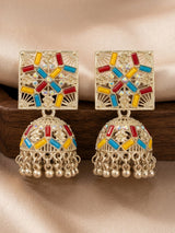 Silver Oxidized Multicolor Jhumka Earrings with Square Stud Top and Stone Work for Ethnic Wear