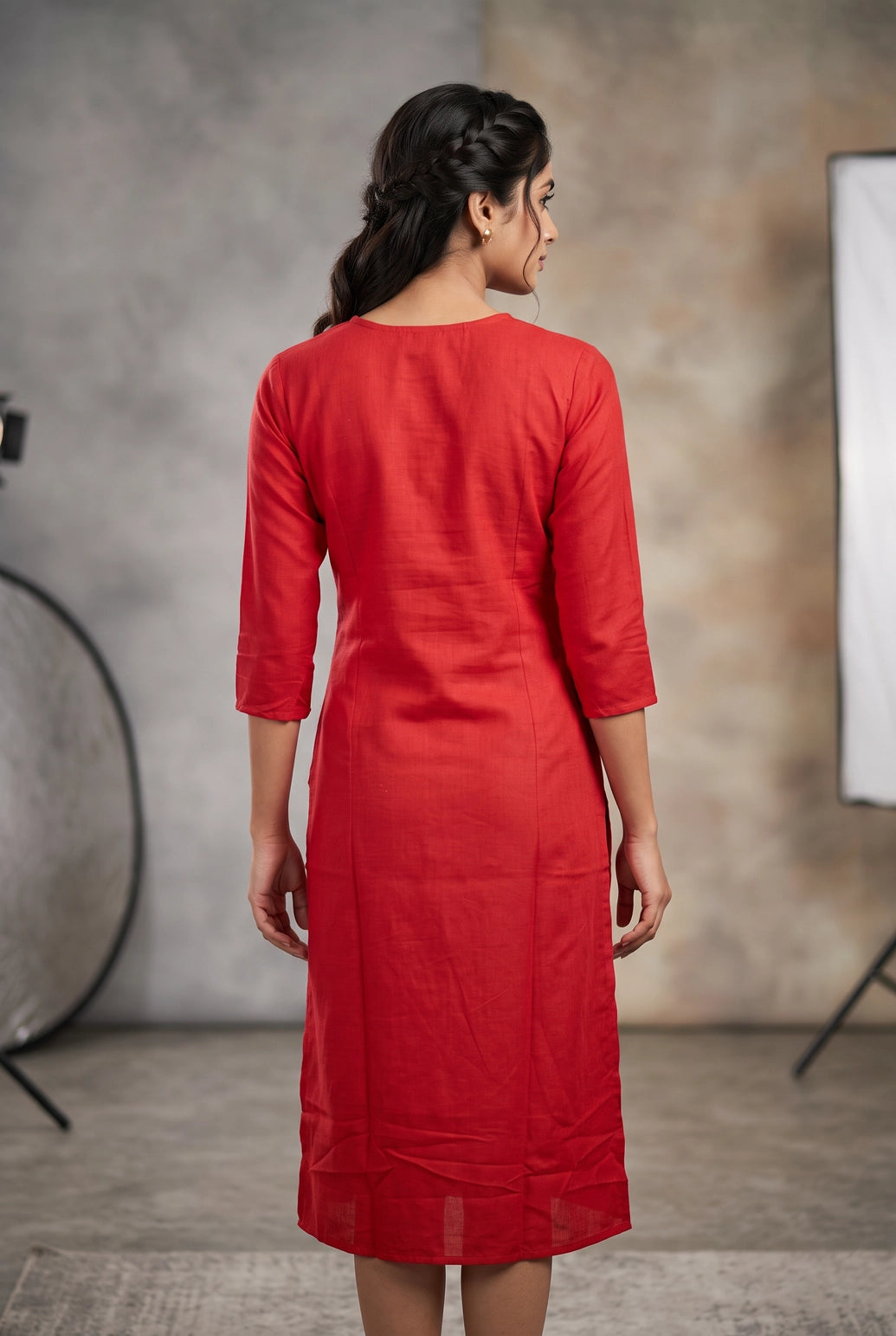 Red Two-Tone Printed Straight Kurti with Round Neck, 3/4 Sleeves and Front Button Detail