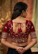 Maroon Readymade Designer Padded Blouse with Embroidery and Sequence Work, Elbow Sleeve, Back Knot