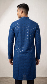 Men's Teal Blue Lakhnavi Kurta with Embroidered Look, Traditional Band Collar Kurta Style