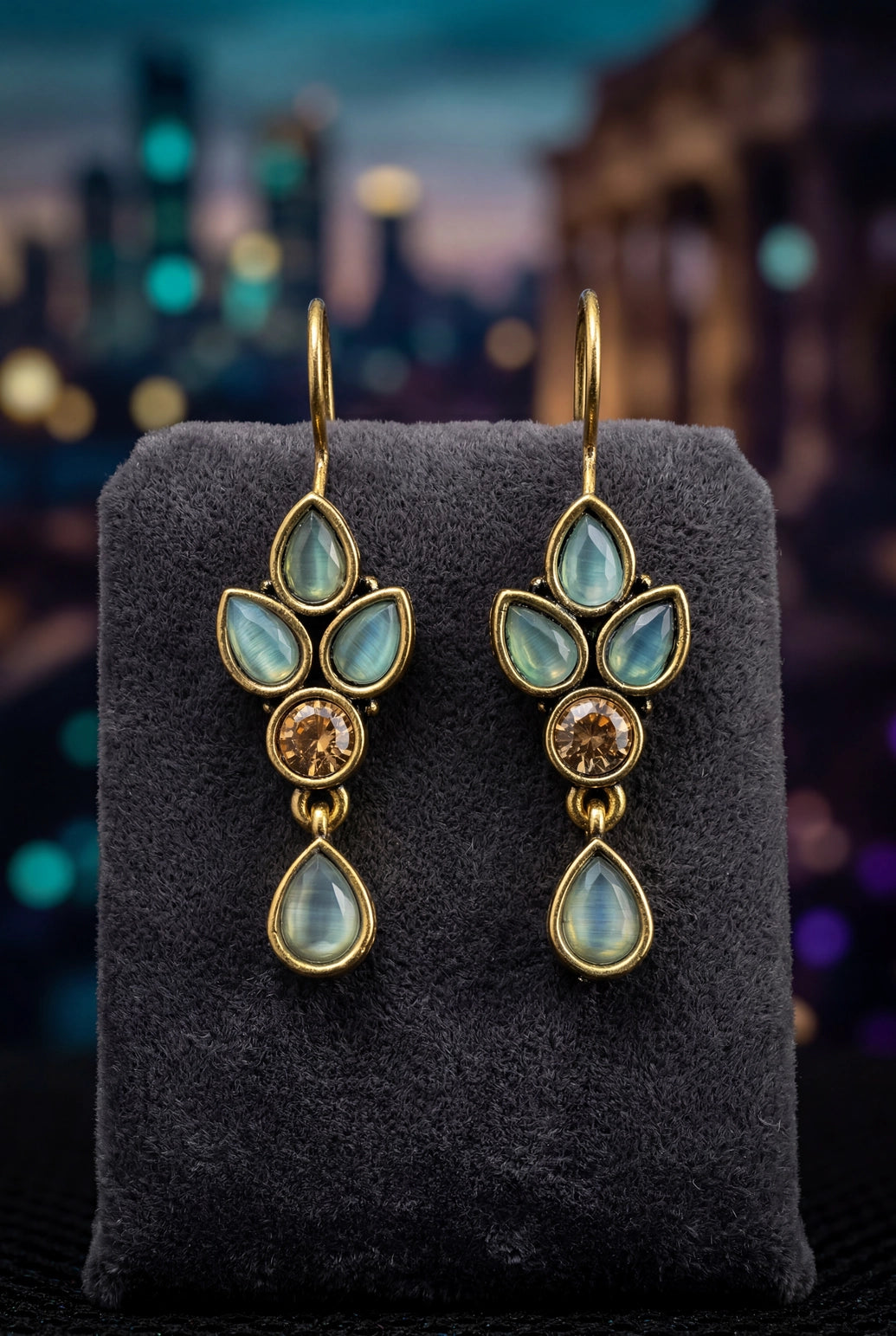 Aqua Blue Stone Drop Dangle Earrings in Gold-Tone Hook Setting for Women