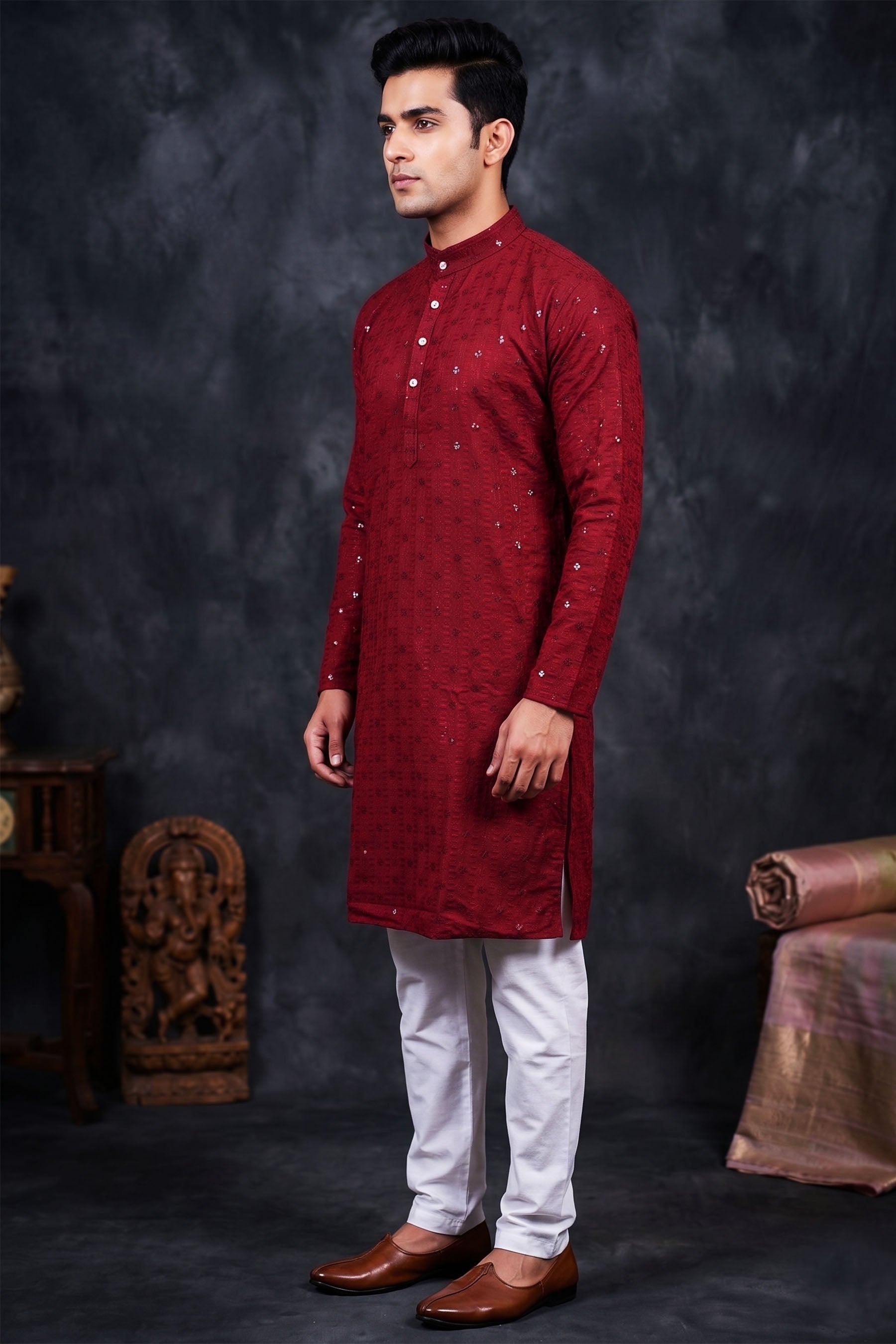 Maroon Men's Lakhnavi Kurta with Resham Embroidery - AI Model Photo 2