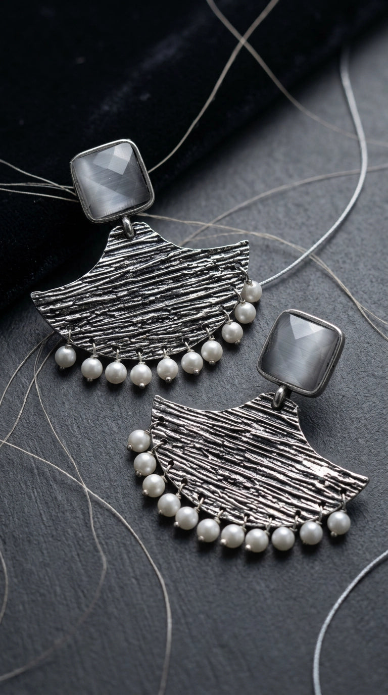 Grey Textured Triangle Stone Drop Earrings for Women, Silver-Toned Party Festive Jewellery