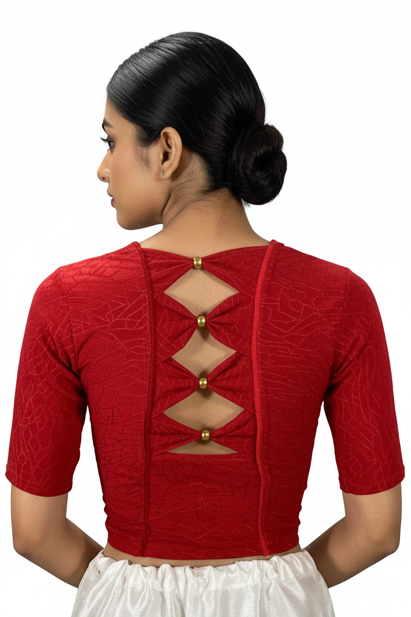 Red Readymade Designer Stretch Blouse with Gold-Tone Bead Back Detail, Elbow Sleeve