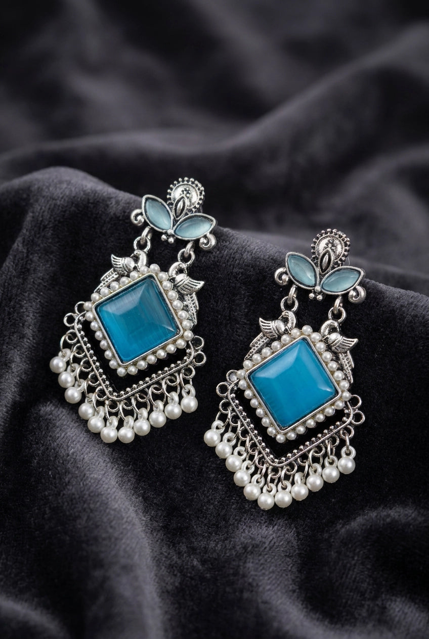 Sea Blue Oxidised Silver-Tone Pearl Drop Earrings With Teardrop Stone & Floral Motifs