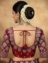 Red Zari Embroidered Padded Readymade Blouse with Floral Paisley Motifs, Elbow Sleeve and Back Knot