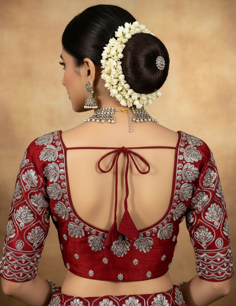 Red Zari Embroidered Padded Readymade Blouse with Floral Paisley Motifs, Elbow Sleeve and Back Knot