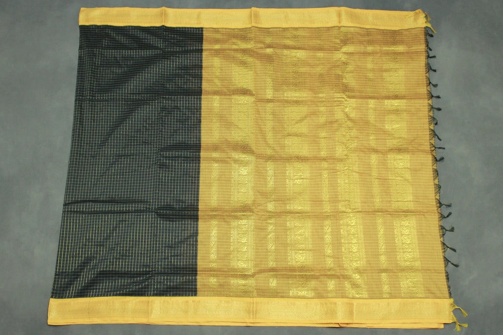 Black Kalyani Cotton Saree with Zari Checked & Peacock Border and Blouse