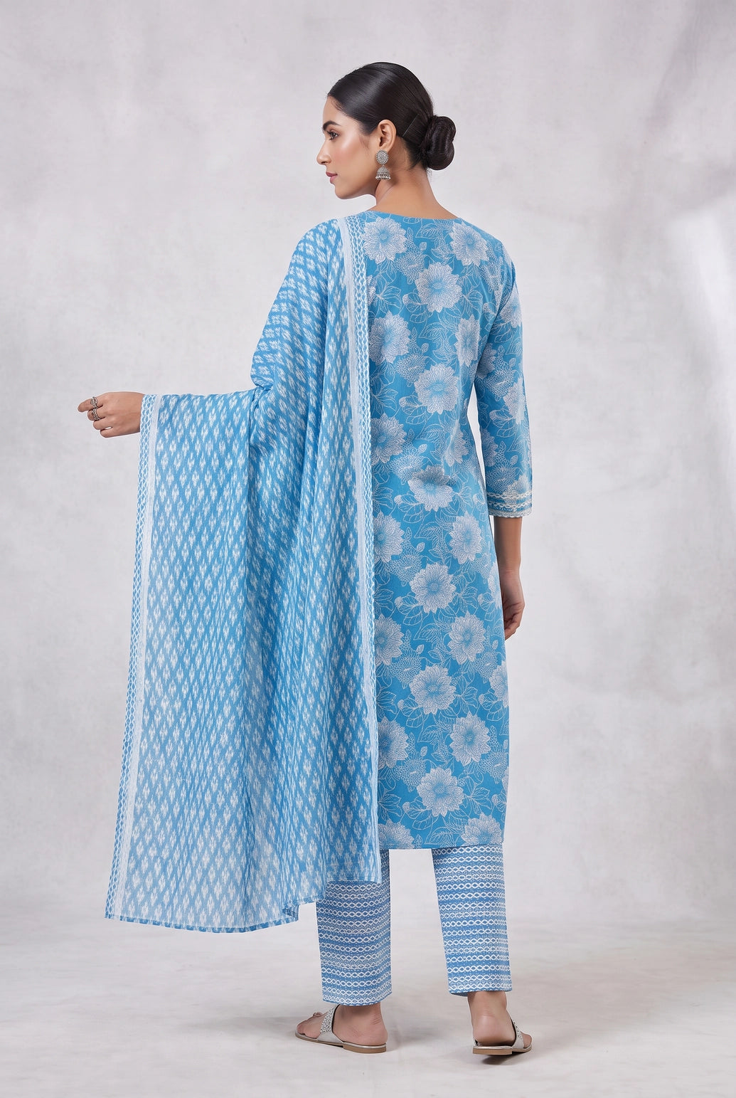 Sky Blue Cotton 3-Piece Kurti Set with Floral Print, Embroidered Neckline, Striped Pant and Matching Dupatta